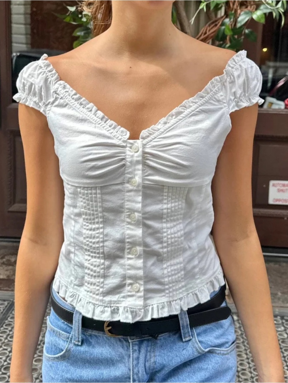 Brandy Melville White Ruffled Button-Front Peasant Top